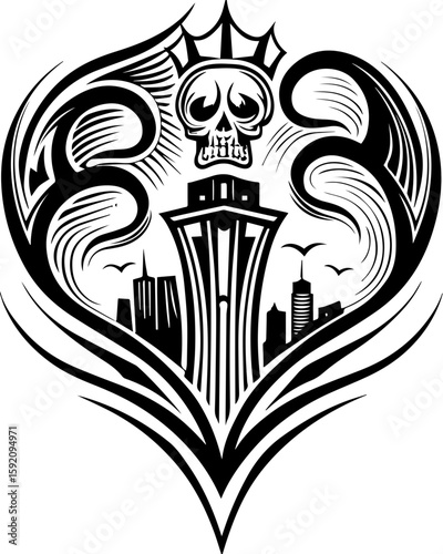 SVG skull and skeleton ghost in tattoo style. Intricate Black and White Skull Art with Urban Skyline Design