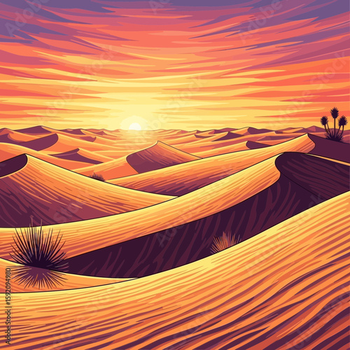 Warm desert landscape art shows sand dunes under an orange sunset sky, evoking travel, adventure, and minimalist design appeal.