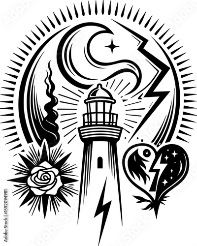 SVG skull and skeleton ghost in tattoo style. Vintage Tattoo Art Featuring Lighthouse, Rose, Eagle, and Heart