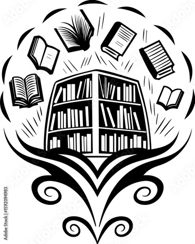 SVG skull and skeleton ghost in tattoo style. Creative Black and White Illustration of Books and Library Design