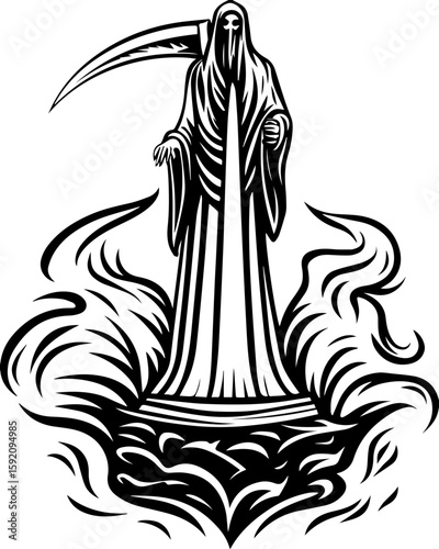 SVG skull and skeleton ghost in tattoo style. Grim Reaper Figure with Scythe Emerging from Flames in Artwork