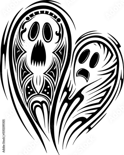 SVG skull and skeleton ghost in tattoo style. Scary Ghosts with Abstract Patterns in Black and White Design