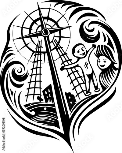 SVG skull and skeleton ghost in tattoo style. Joyful couple enjoying a scenic view with wind turbine in background