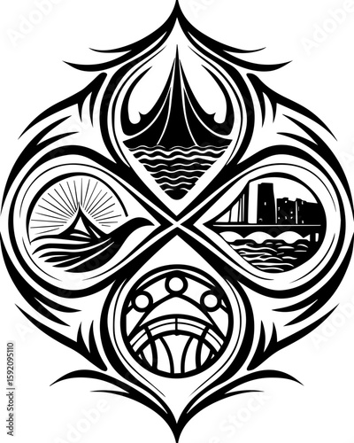SVG skull and skeleton ghost in tattoo style. Intricate Black and White Tribal Ocean Wave Design Artwork