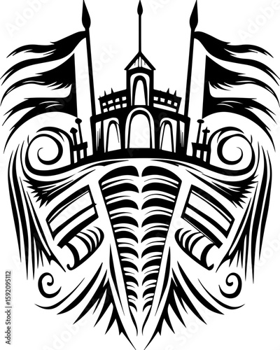SVG skull and skeleton ghost in tattoo style. Abstract Black and White Ship Design with Flags and Waves