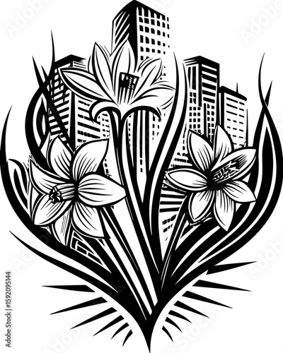 SVG skull and skeleton ghost in tattoo style. Urban Floral Design with Abstract Cityscape and Blossoming Flowers