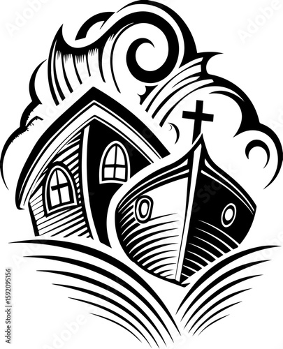 SVG skull and skeleton ghost in tattoo style. Vintage nautical design with house, boat, and swirling waves
