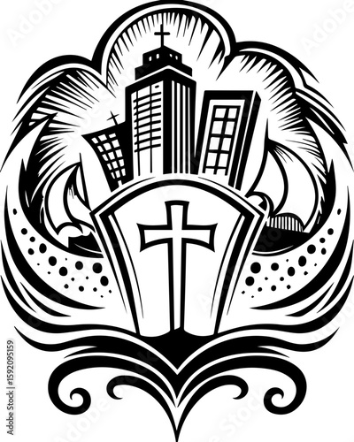 SVG skull and skeleton ghost in tattoo style. Urban Cross Design with Buildings and Palm Leaves for Religious Themes