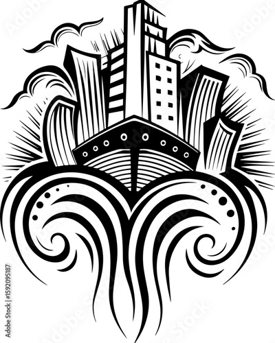 SVG skull and skeleton ghost in tattoo style. Black and White Graphic of Ship with City Skyline and Waves
