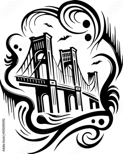 SVG skull and skeleton ghost in tattoo style. Artistic Illustration of a Bridge Surrounded by Swirling Elements