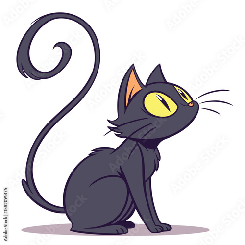 Adorable cartoon black cat with an arched back showing a playful or startled expression with glowing eyes