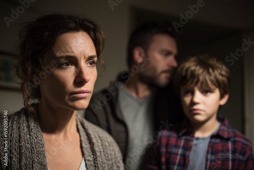 Worried mother with concerned father and son in the background, depicting family stress and emotional tension