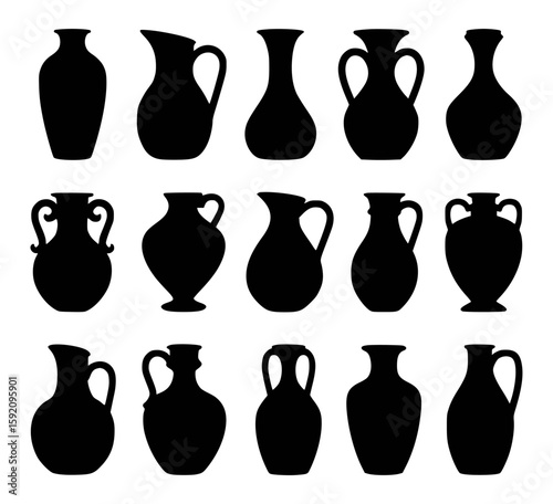 Collection of various antique silhouette jugs and vases on white background
