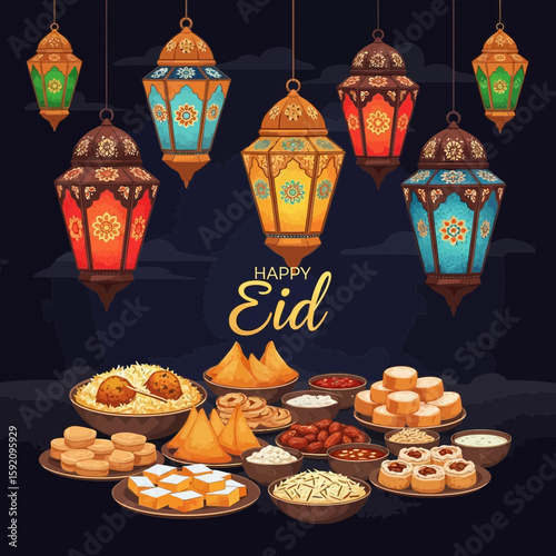 Celebrate Eid with this festive graphic featuring delicious traditional food and beautifully decorated lanterns for a joyous holiday design.