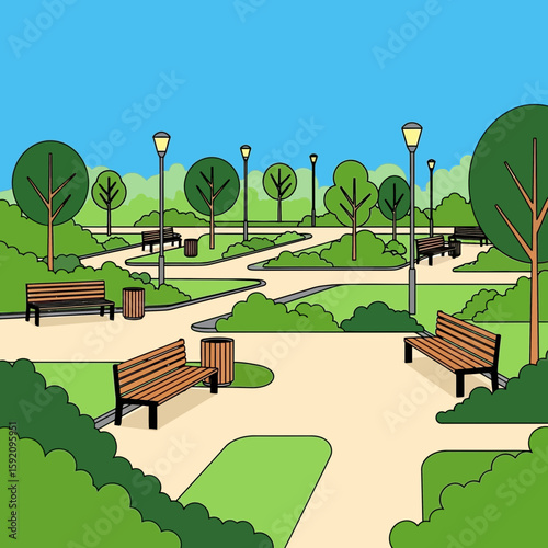 A serene park landscape with winding paths, benches, trees, and streetlights, perfect for backgrounds, web design, or recreational projects.