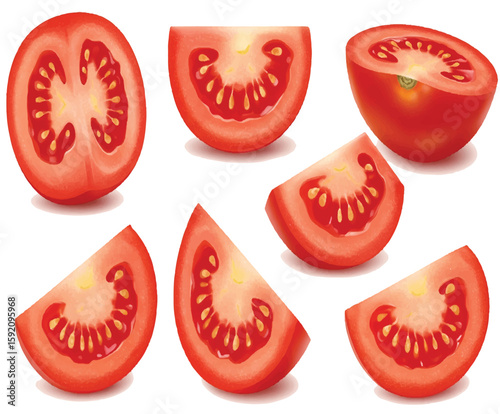 set of red tomatoes,  healthy, white, ripe, half
