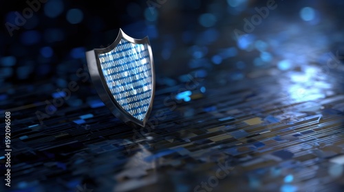 Digital shield icon representing data protection with binary code on futuristic background. This conveys sense of security and privacy in digital world