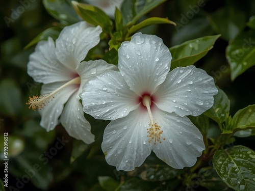 macro photo White hibiscus flowers on a green background In the garden after the rain.