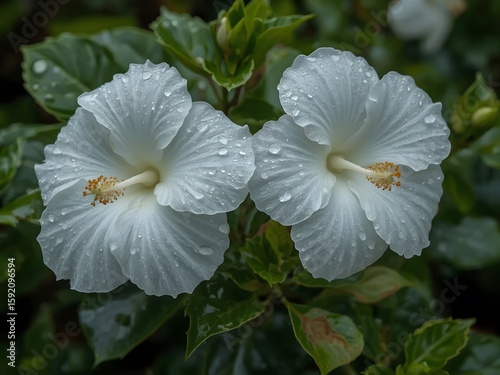 macro photo White hibiscus flowers on a green background In the garden after the rain.