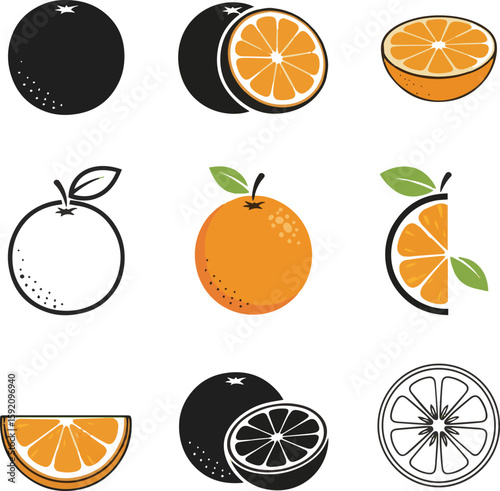 Assorted Orange Fruit Vector Graphics Whole Halved and Sliced Illustrations.