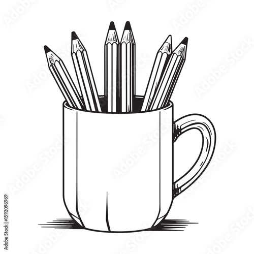 Black and White Pencil Mug Illustration – Minimalist Stationery Icon Design