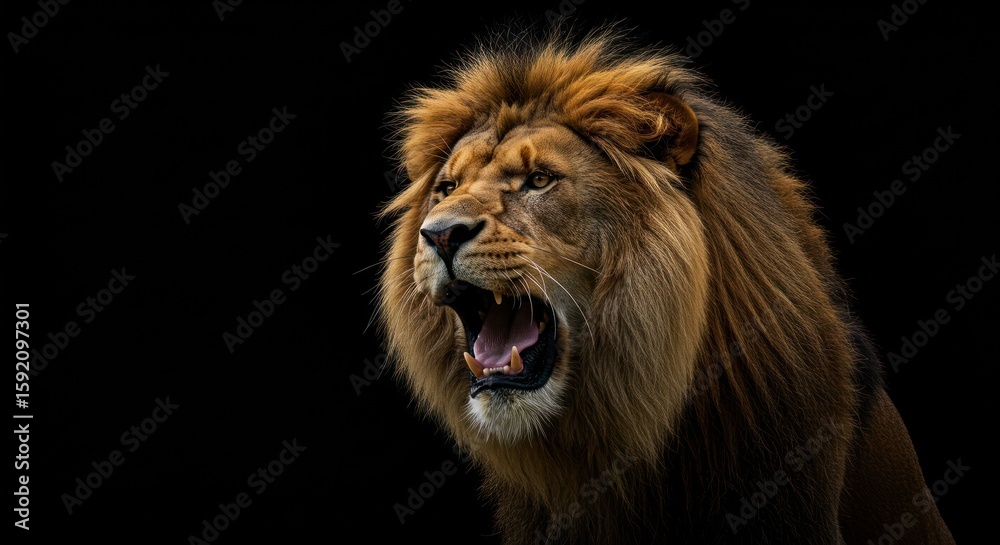 Fototapeta premium Powerful lion roars, showcasing his strength and wild beauty in dark background