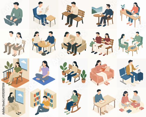 Isometric Family Activity Illustration: Detailed People Engaged in Indoor Hobbies