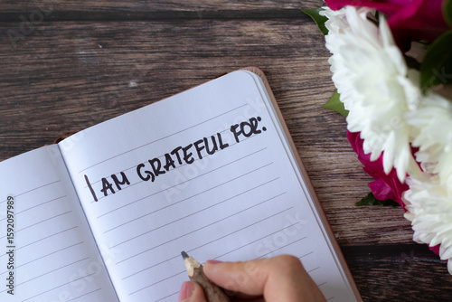Фотография I am grateful handwritten text in notebook on wooden table with flowers