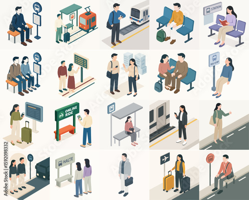 Isometric Detailed People Waiting Transportation System Illustration Set