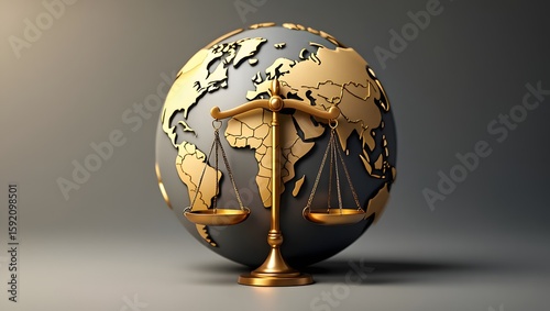 Global justice concept with scales of justice on world globe for international law