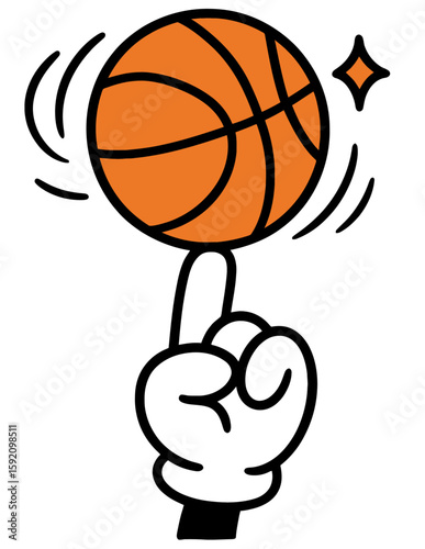 cheerful cartoon hand in a white glove spinning an orange basketball on its index finger, with sparkle and motion lines indicating movement