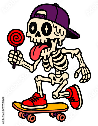 spooky cartoon skeleton character wearing a purple backward baseball cap and red sneakers, skateboarding while licking a red lollipop