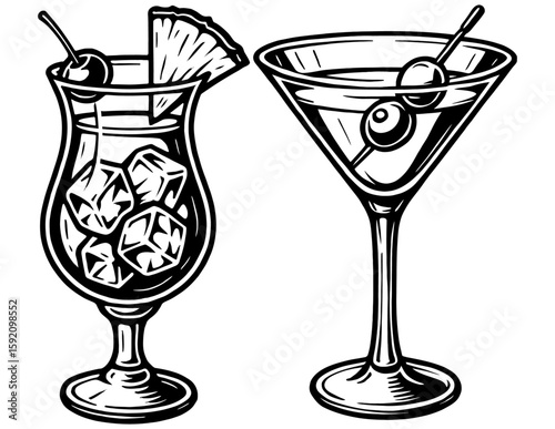 Tropical drink in hurricane glass and martini with olives side by side.