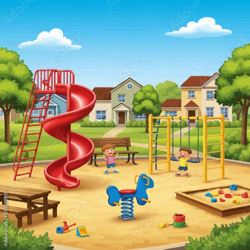 Children have fun playing on the colorful red and blue slide and swings in the outdoor park playground on a sunny summer day