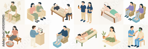 Isometric People Doing Spa Treatments and Beauty Care for Relaxation Icon Set