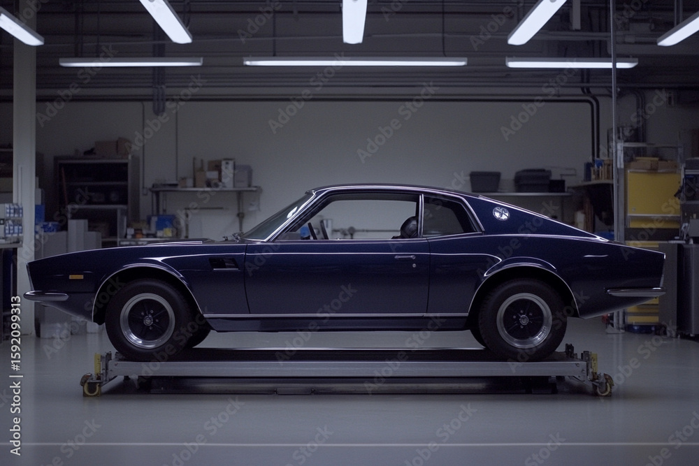Fototapeta premium Hydraulic lift elevates vehicle in modern workshop setting