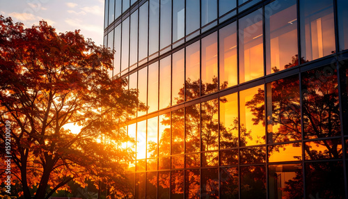 Autumn Sunset Reflecting on Modern Glass Building