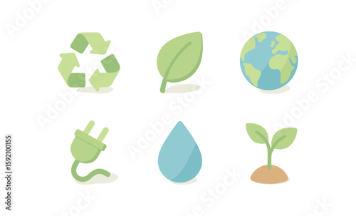 Sustainable eco icons: recycling, energy, nature, and conservation symbols
