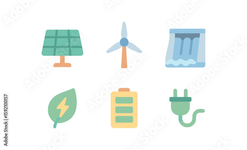 Eco energy set featuring solar panel, wind turbine, and hydro power in flat design