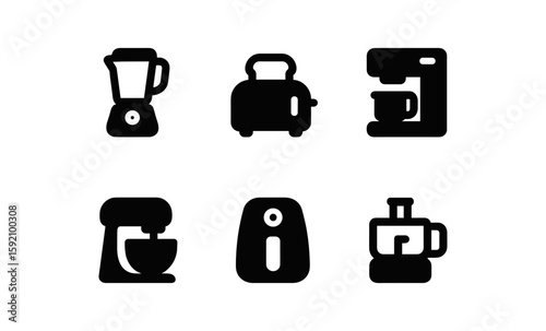 Kitchen appliance silhouettes: blender, toaster, coffee maker, mixer, air fryer, food processor icons