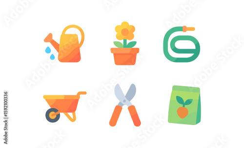 Colorful gardening tools and icons collection for home and outdoor use