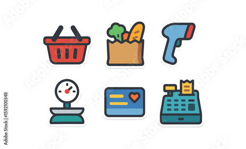 Colorful shopping elements set with icon stickers for retail and grocery themes
