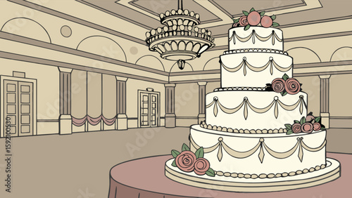 Wedding cake in ballroom illustration for event planning and party decoration design and celebration