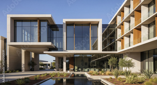 A modern luxury hotel with clean lines, neutral tones, glass, and lush landscaping under daylight.