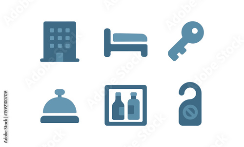 Hotel amenities icons set: blue minimalist symbols for services and facilities
