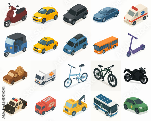 Isometric Low Poly Detailed Vehicle Collection Transportation Set Icons
