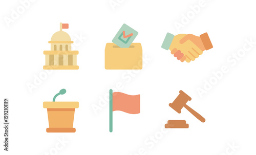 Flat icons of voting, politics, and law: democracy and justice symbols