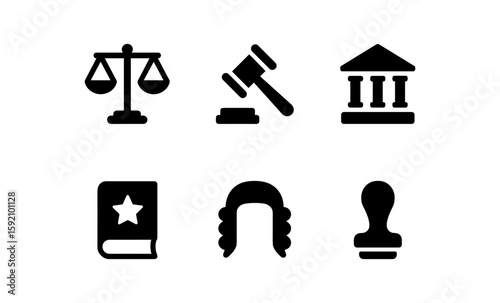 Silhouette justice icons: scales, gavel, court, law book, wig, seal