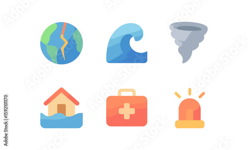 Flat icons of natural disasters and emergency response symbols