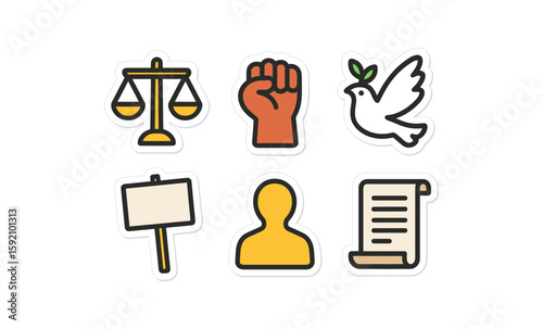 Peace and justice icons: dove, fist, scales, sign, person, document in bold style
